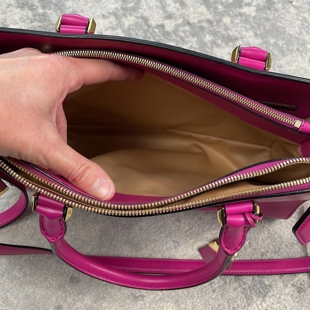 Michael Kors Collection Casey Large Leather Satchel Purse Padlock Bright Pink